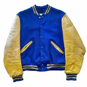 Vintage 1980s Navy Blue Gold Varsity Jacket Size 38 Made In USA Wool Blend